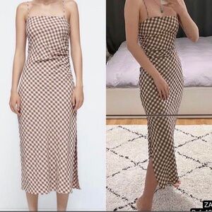 NWT Zara Brown & White Gingham Midi Dress - XS